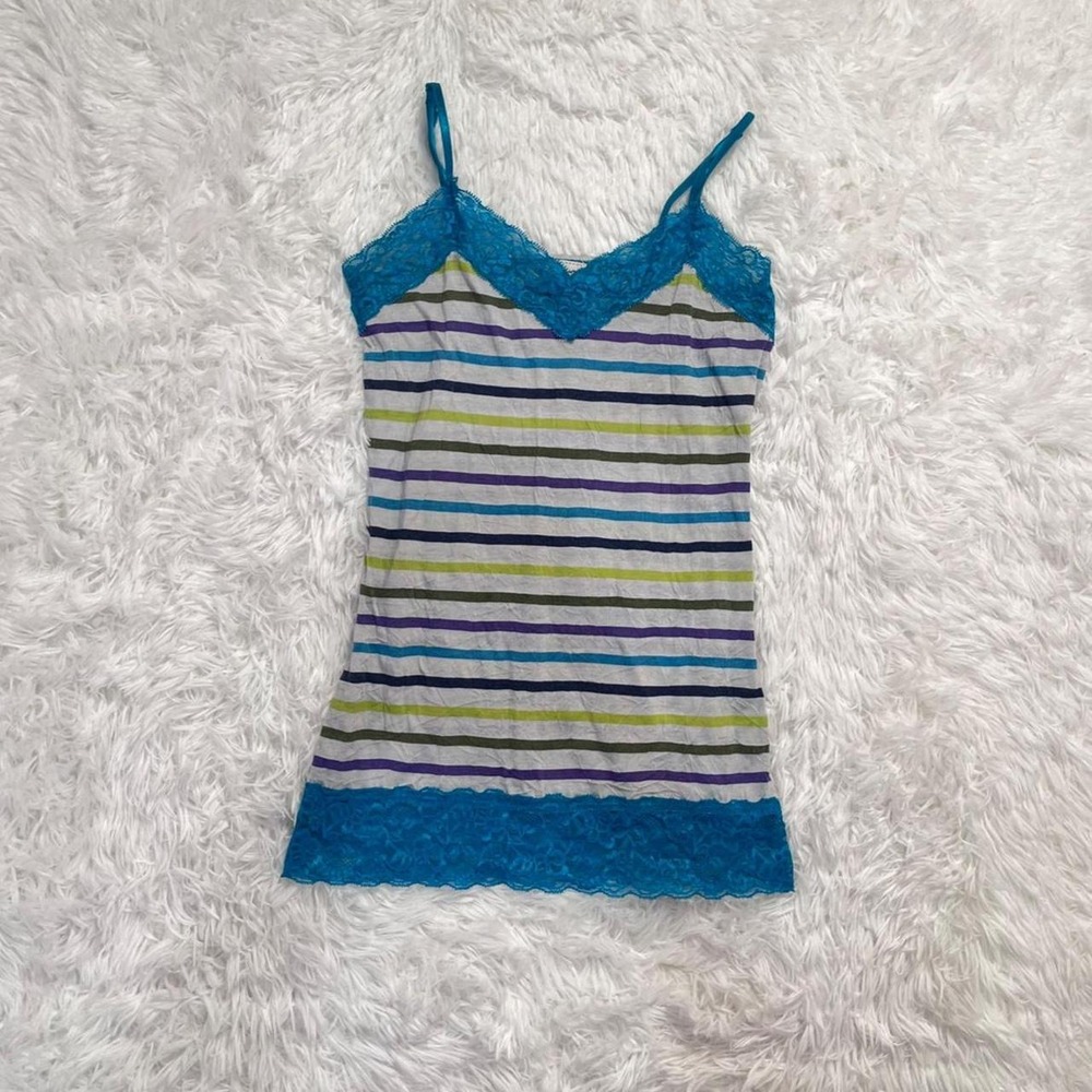 y2k multicolored blue lace trim striped tank top small